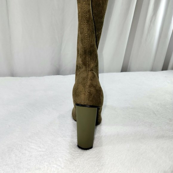 So Me Olive Green Open Toe Stretch Stocking OTK Thigh Boots 4" Chunky Heel - Picture 4 of 7